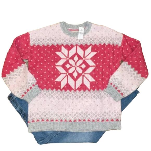 NWT LOFT Fuchsia Pink & Grey Snowflake Fair Isle Crewneck Sweater - SIZE M - Picture 1 of 9